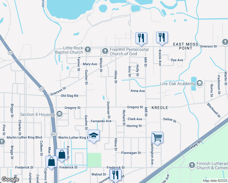 map of restaurants, bars, coffee shops, grocery stores, and more near 4619 Hilma Street in Moss Point
