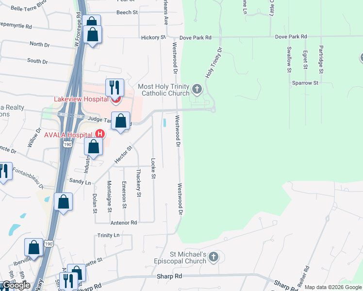 map of restaurants, bars, coffee shops, grocery stores, and more near 311 Westwood Dr in Mandeville