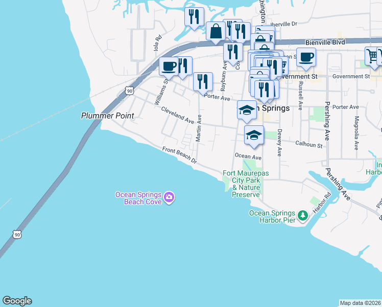 map of restaurants, bars, coffee shops, grocery stores, and more near 265 Front Beach Drive in Ocean Springs