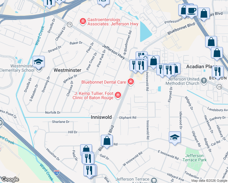 map of restaurants, bars, coffee shops, grocery stores, and more near 4509 Bluebonnet Road in Baton Rouge