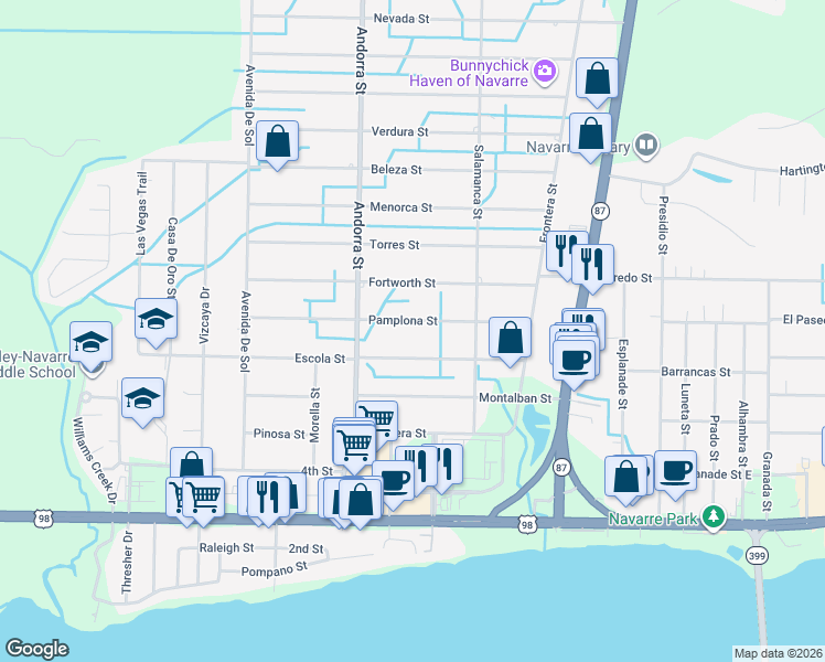 map of restaurants, bars, coffee shops, grocery stores, and more near 8141 Pamplona Street in Navarre