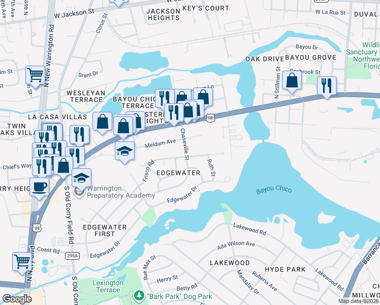 map of restaurants, bars, coffee shops, grocery stores, and more near 214 Frisco Road in Pensacola