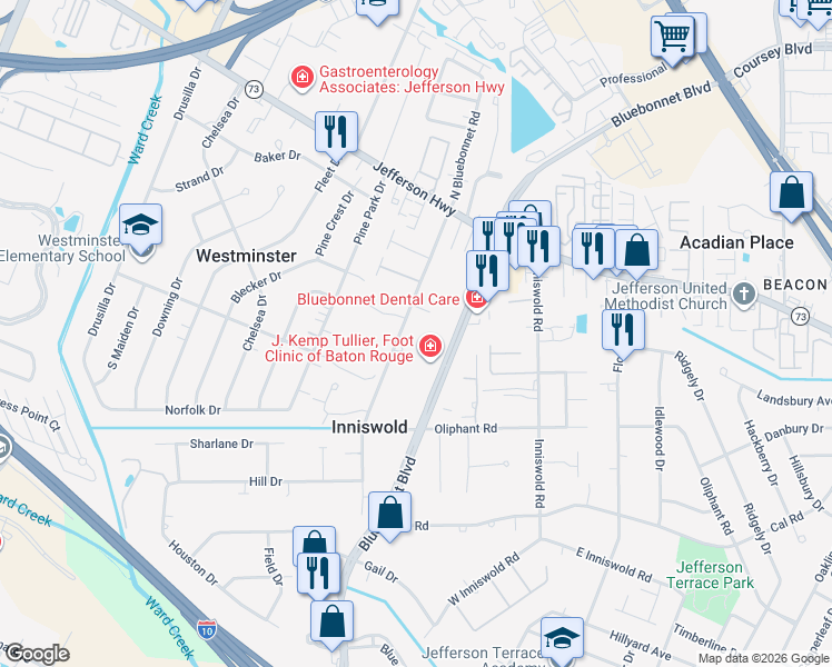 map of restaurants, bars, coffee shops, grocery stores, and more near 4509 Bluebonnet Road in Baton Rouge