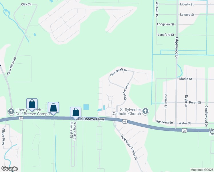 map of restaurants, bars, coffee shops, grocery stores, and more near 1991 Green Heron Court in Gulf Breeze