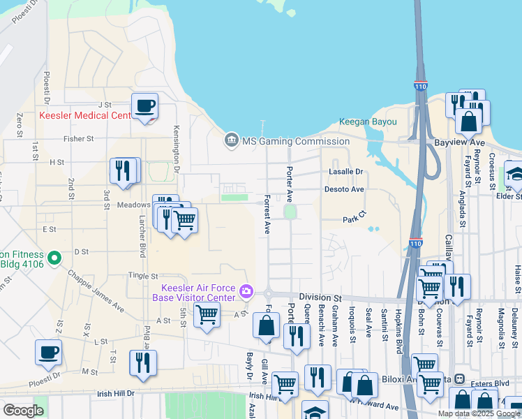 map of restaurants, bars, coffee shops, grocery stores, and more near 383 Forrest Avenue in Biloxi