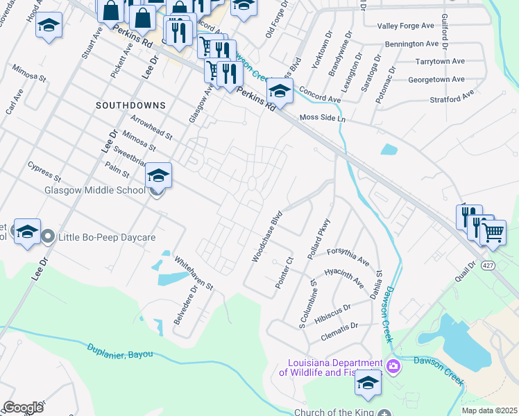 map of restaurants, bars, coffee shops, grocery stores, and more near 5347 Mimosa Street in Baton Rouge