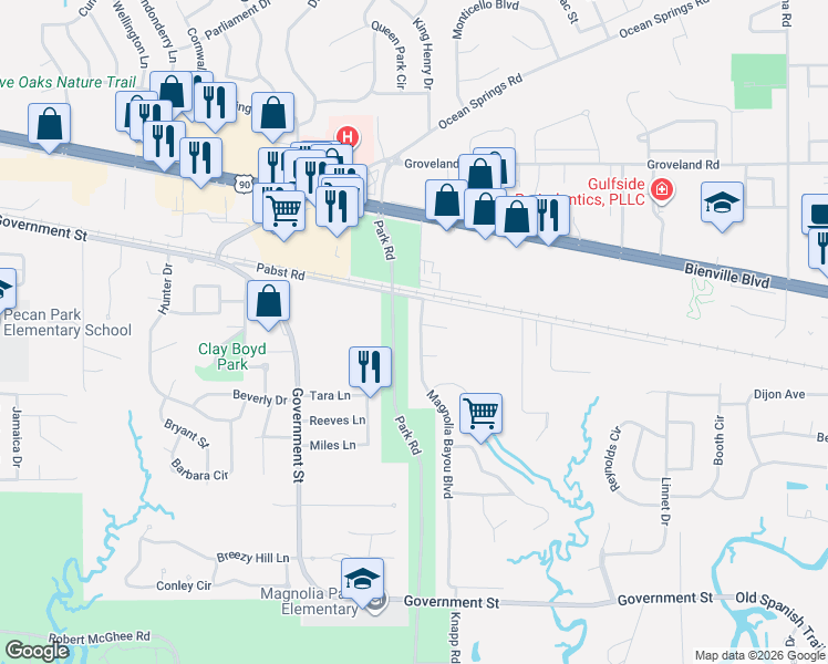map of restaurants, bars, coffee shops, grocery stores, and more near G I N S Pkwy in Ocean Springs