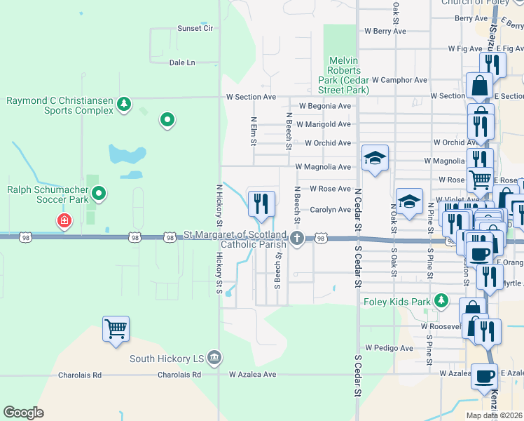map of restaurants, bars, coffee shops, grocery stores, and more near 25 Magnolia Circle in Foley