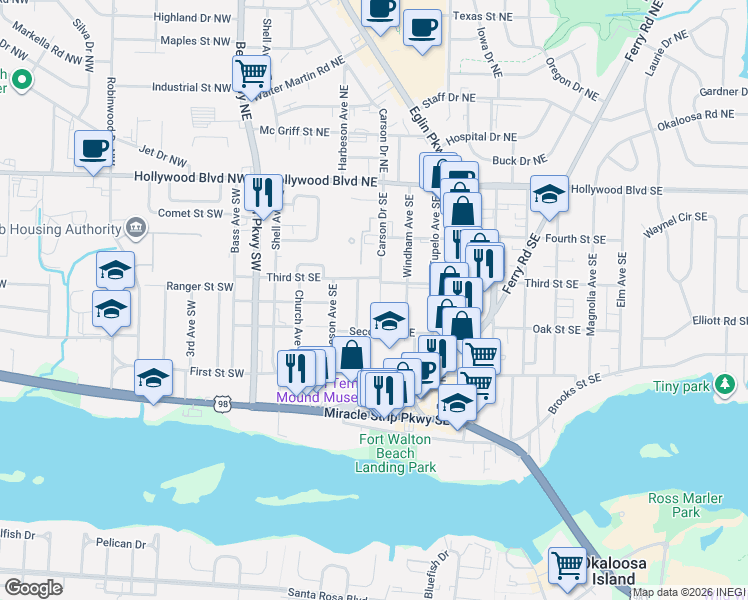 map of restaurants, bars, coffee shops, grocery stores, and more near 109 Methodist Avenue Southeast in Fort Walton Beach