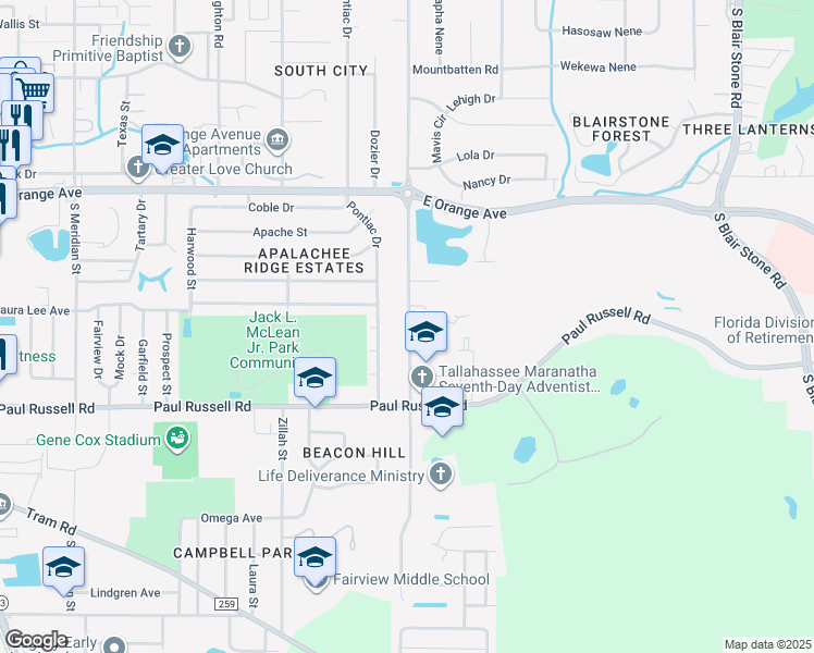 map of restaurants, bars, coffee shops, grocery stores, and more near 3006b Jim Lee Road in Tallahassee