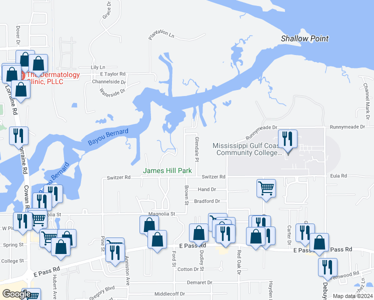 map of restaurants, bars, coffee shops, grocery stores, and more near 1192 John Evans Drive in Gulfport