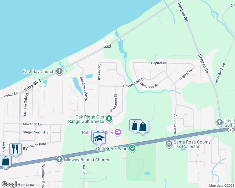 map of restaurants, bars, coffee shops, grocery stores, and more near 1990 Pentagon Street in Gulf Breeze