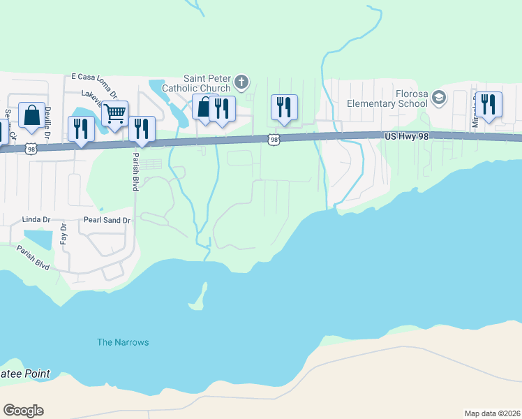 map of restaurants, bars, coffee shops, grocery stores, and more near 118 Dolphin Road in Mary Esther