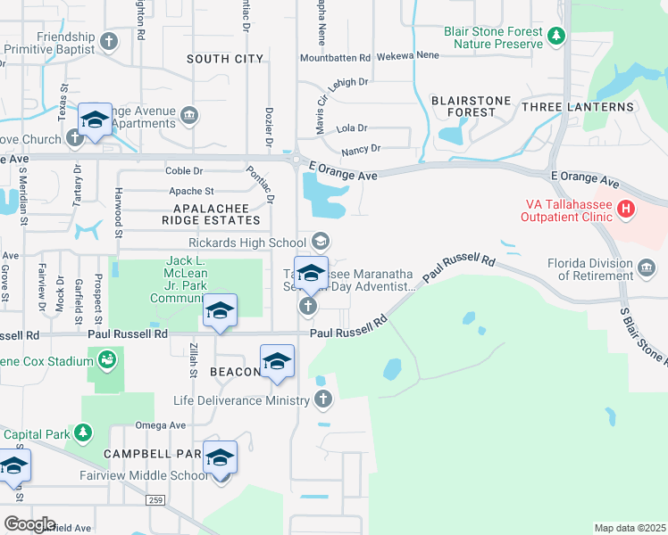 map of restaurants, bars, coffee shops, grocery stores, and more near 3013 Jim Lee Road in Tallahassee