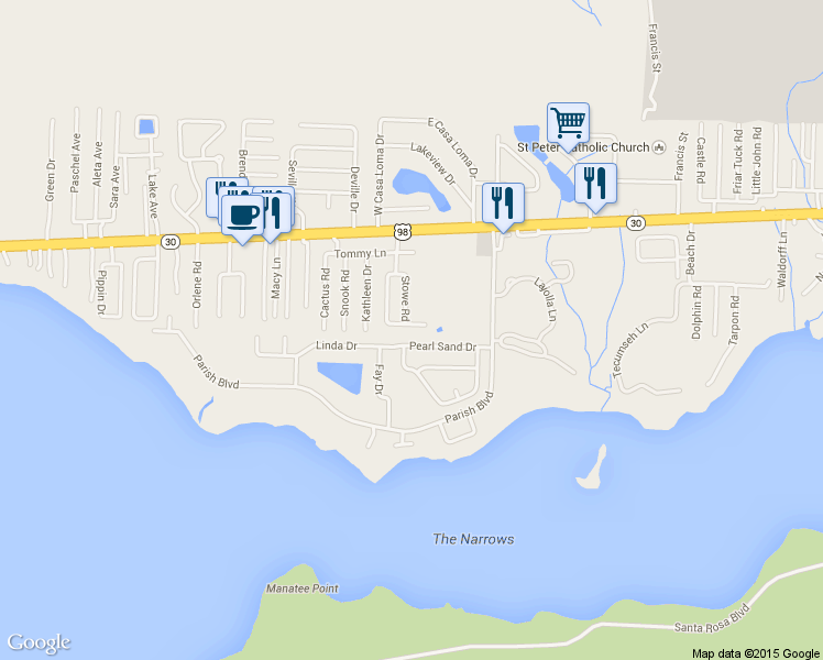 map of restaurants, bars, coffee shops, grocery stores, and more near 10 Stowe Road in Mary Esther