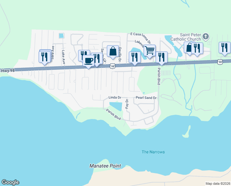 map of restaurants, bars, coffee shops, grocery stores, and more near 4 Snook Road in Mary Esther