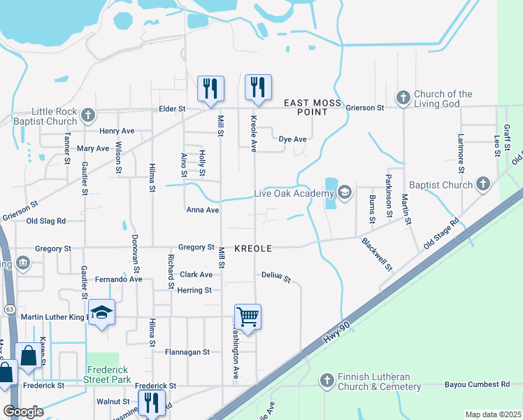 map of restaurants, bars, coffee shops, grocery stores, and more near 4600 Kreole Avenue in Moss Point