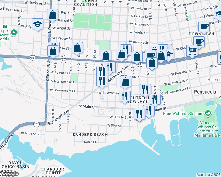 map of restaurants, bars, coffee shops, grocery stores, and more near 318 South G Street in Pensacola