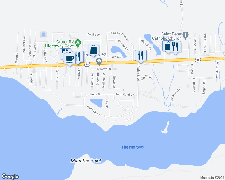 map of restaurants, bars, coffee shops, grocery stores, and more near 16 Stowe Road in Mary Esther