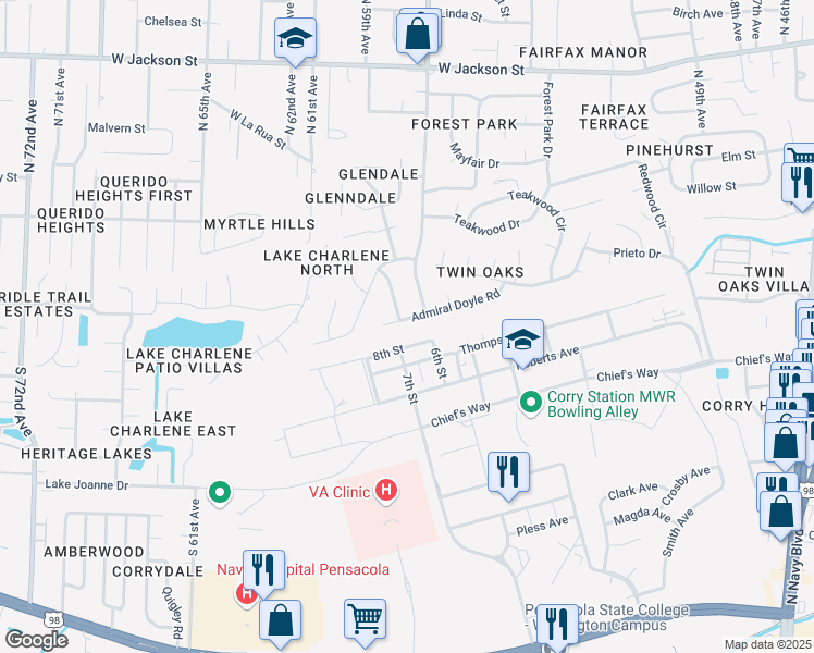 map of restaurants, bars, coffee shops, grocery stores, and more near 5705 Admiral Doyle Road in Pensacola