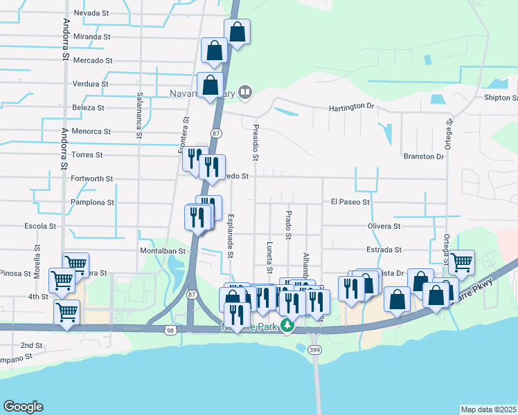 map of restaurants, bars, coffee shops, grocery stores, and more near 2034 Presidio Street in Navarre