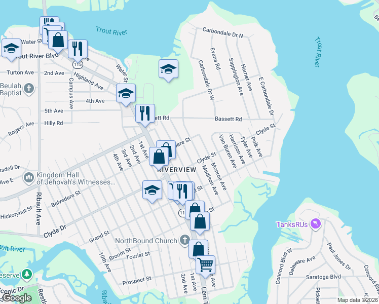 map of restaurants, bars, coffee shops, grocery stores, and more near 9118 Madison Avenue in Jacksonville