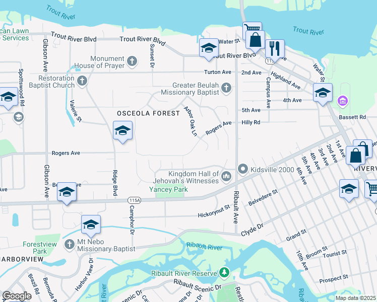 map of restaurants, bars, coffee shops, grocery stores, and more near 3151 Rogers Avenue in Jacksonville