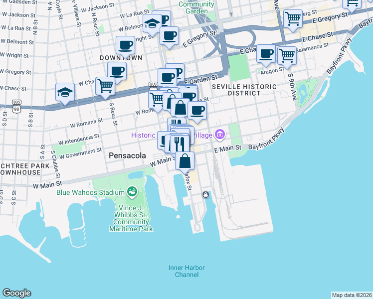 map of restaurants, bars, coffee shops, grocery stores, and more near 404 South Palafox Street in Pensacola