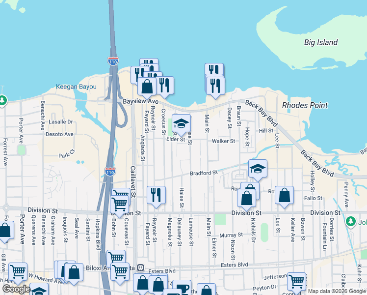 map of restaurants, bars, coffee shops, grocery stores, and more near 388 Magnolia Street in Biloxi