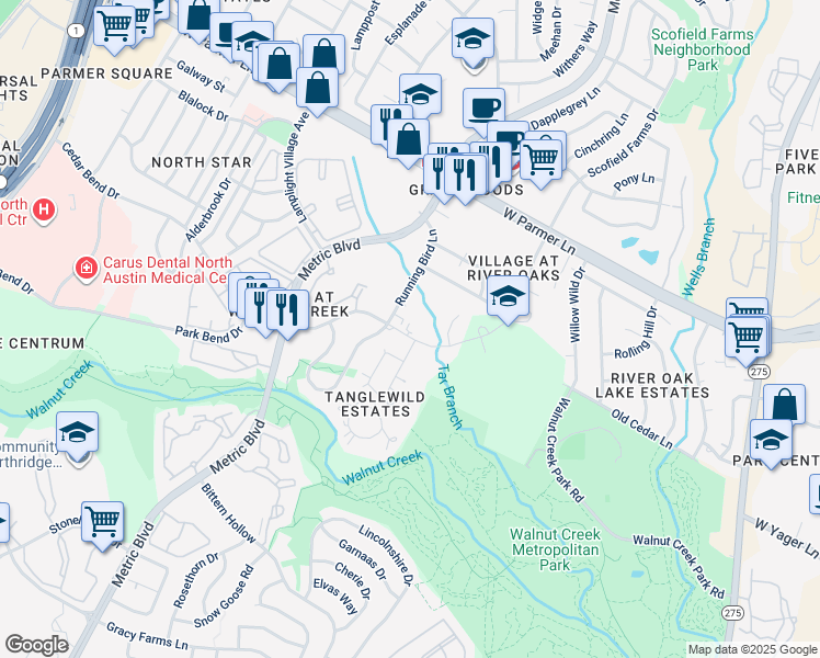 map of restaurants, bars, coffee shops, grocery stores, and more near 1704 Cedar Bend Drive in Austin