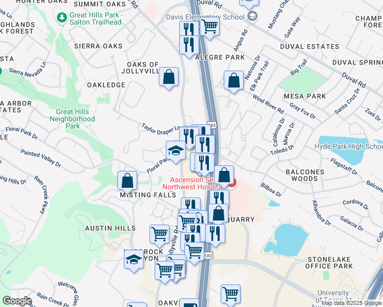map of restaurants, bars, coffee shops, grocery stores, and more near 5124 Balcones Woods Drive in Austin