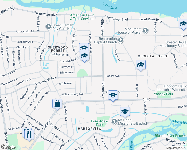 map of restaurants, bars, coffee shops, grocery stores, and more near 4311 Rogers Avenue in Jacksonville
