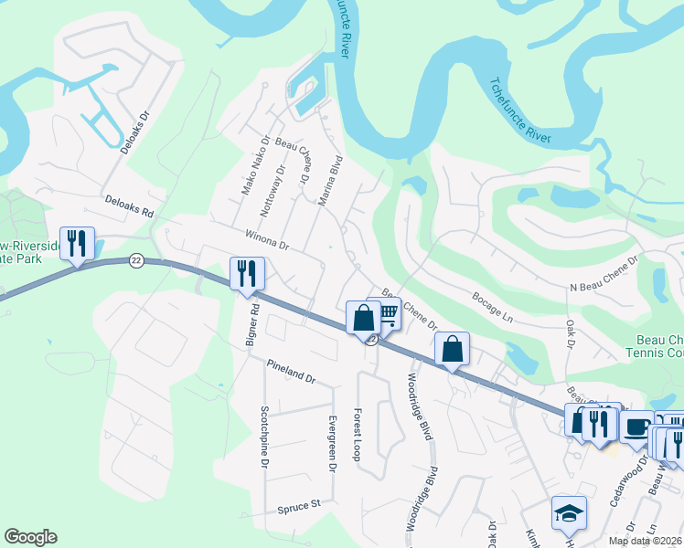 map of restaurants, bars, coffee shops, grocery stores, and more near 143 Beau Pre Drive in Mandeville