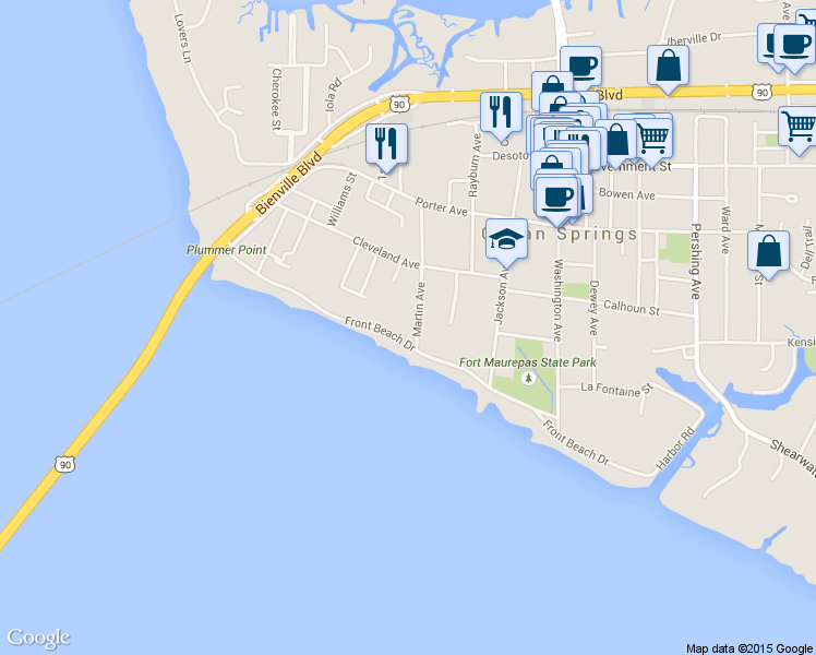map of restaurants, bars, coffee shops, grocery stores, and more near 265 Front Beach Drive in Ocean Springs