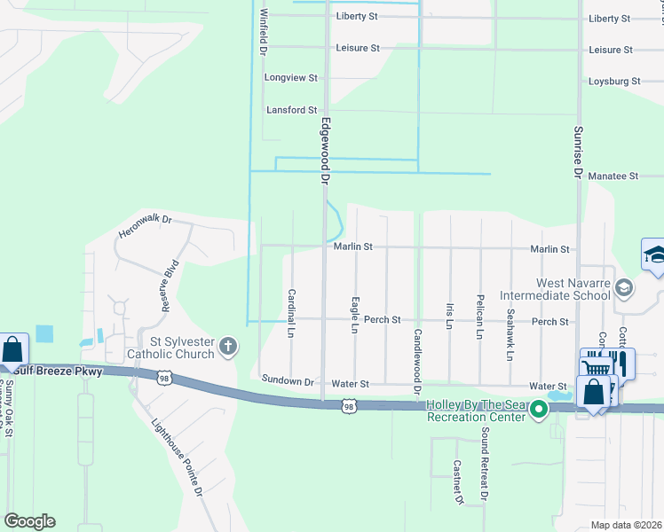 map of restaurants, bars, coffee shops, grocery stores, and more near 1950 Edgewood Drive in Navarre