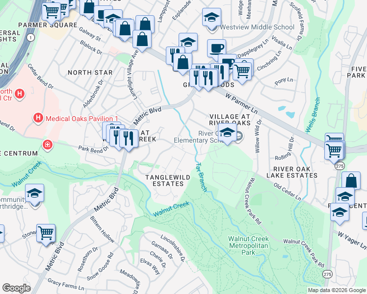 map of restaurants, bars, coffee shops, grocery stores, and more near 1704 Cedar Bend Drive in Austin