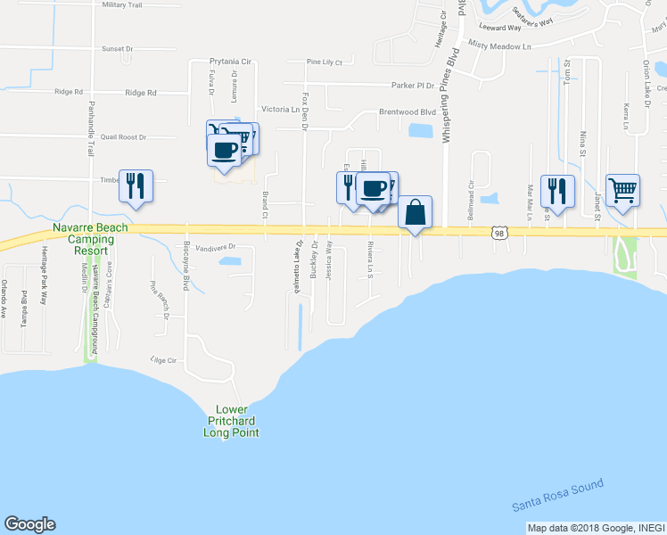 map of restaurants, bars, coffee shops, grocery stores, and more near 2076 Jessica Way in Navarre
