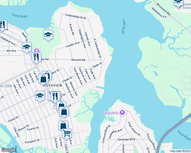 map of restaurants, bars, coffee shops, grocery stores, and more near 9015 Polk Avenue in Jacksonville