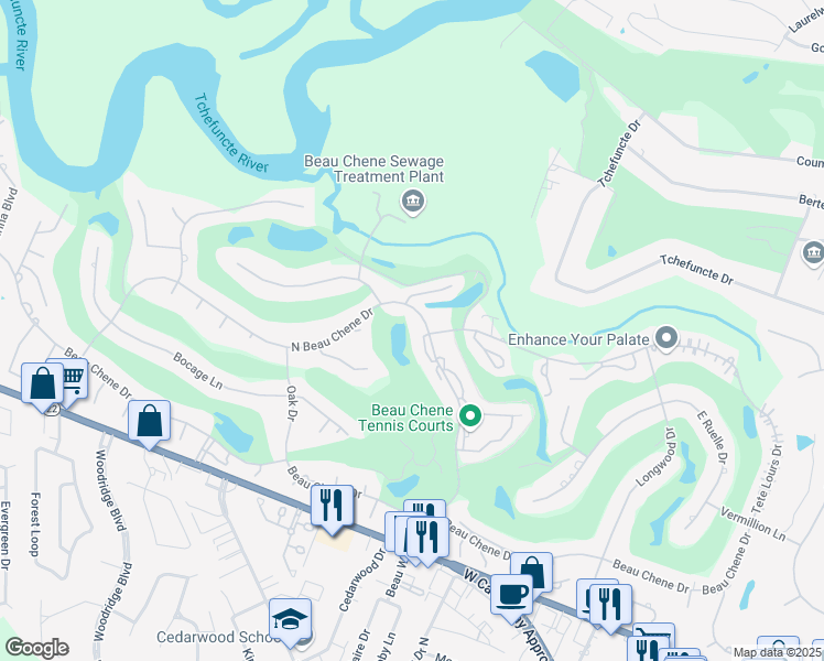 map of restaurants, bars, coffee shops, grocery stores, and more near 6501/02 N Beau Chene Dr in Mandeville