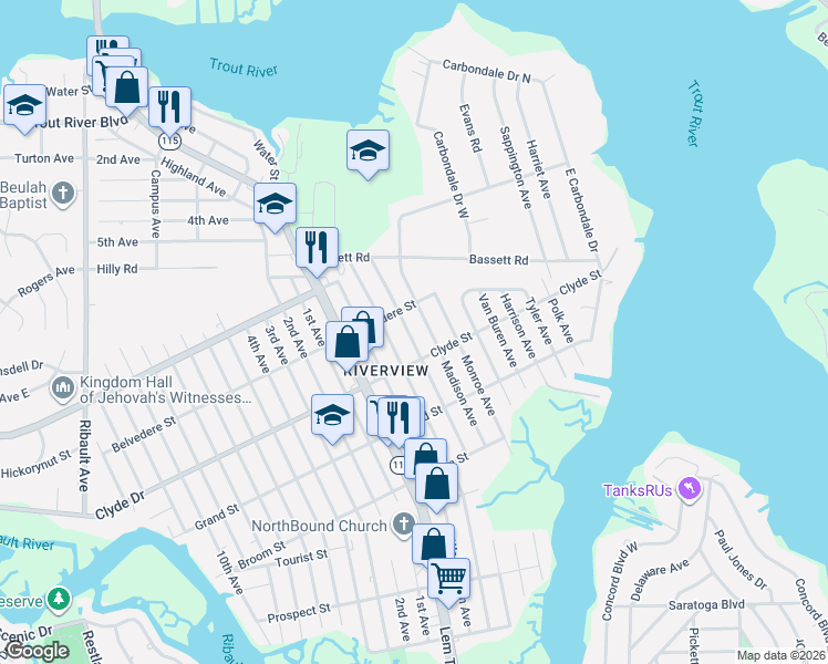 map of restaurants, bars, coffee shops, grocery stores, and more near 9118 Madison Avenue in Jacksonville