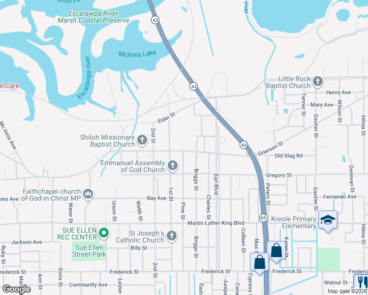 map of restaurants, bars, coffee shops, grocery stores, and more near 5613 Grierson Street in Moss Point