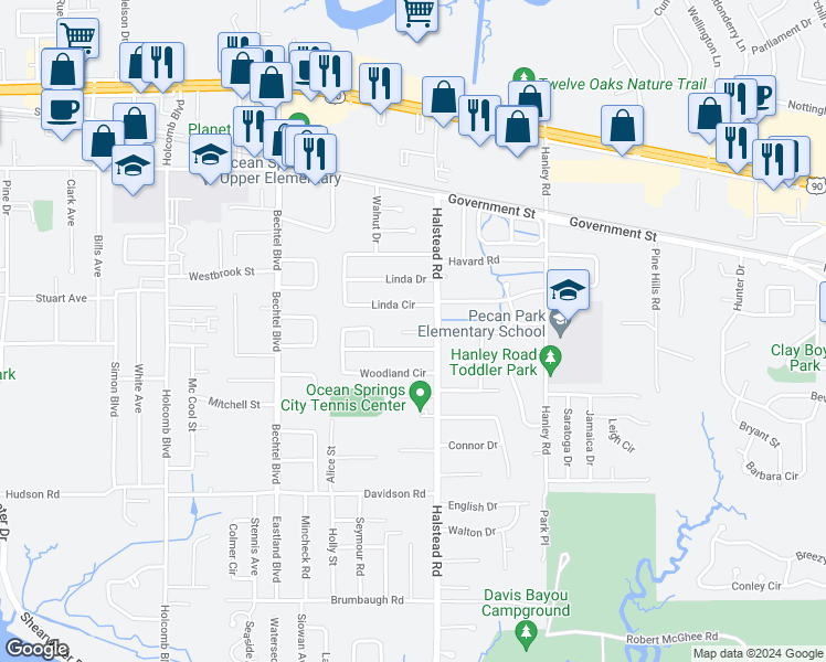 map of restaurants, bars, coffee shops, grocery stores, and more near 115 Earle Taylor Lane in Ocean Springs