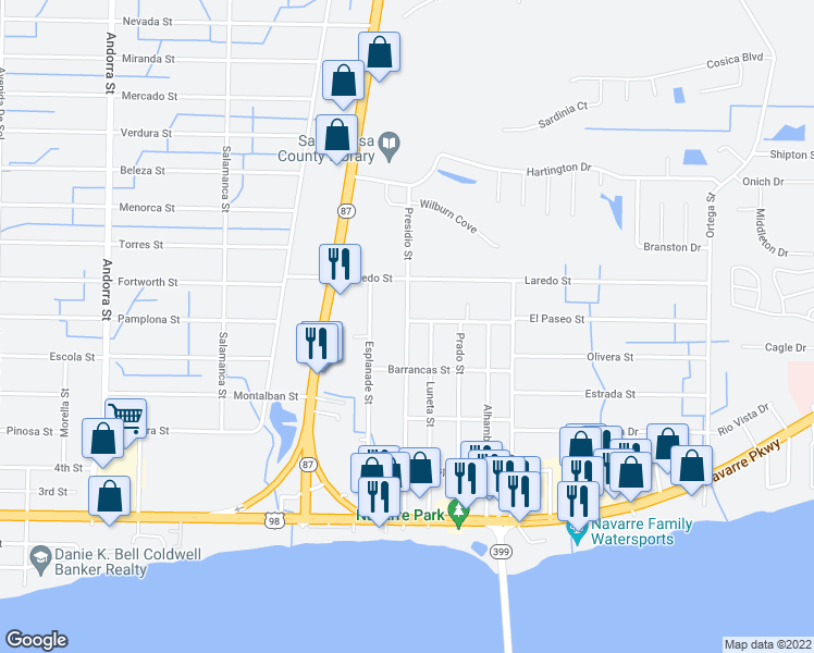 map of restaurants, bars, coffee shops, grocery stores, and more near 2039 Presidio Street in Navarre