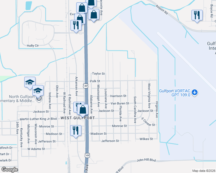 map of restaurants, bars, coffee shops, grocery stores, and more near 2101-2151 Tyler St in Gulfport