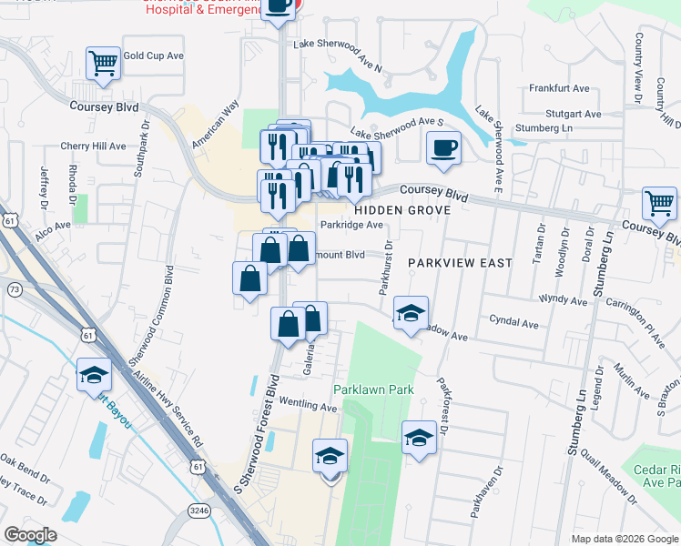 map of restaurants, bars, coffee shops, grocery stores, and more near 11877 Parkbrook Avenue in Baton Rouge