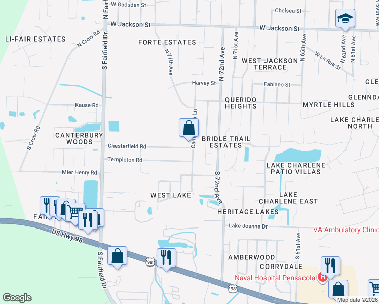 map of restaurants, bars, coffee shops, grocery stores, and more near 233 Campbellton Lane in Pensacola