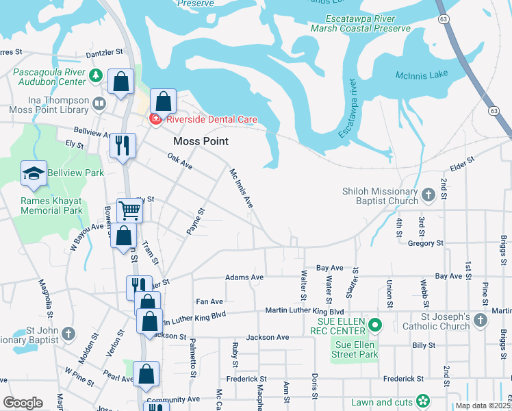 map of restaurants, bars, coffee shops, grocery stores, and more near 4801 Mc Innis Avenue in Moss Point