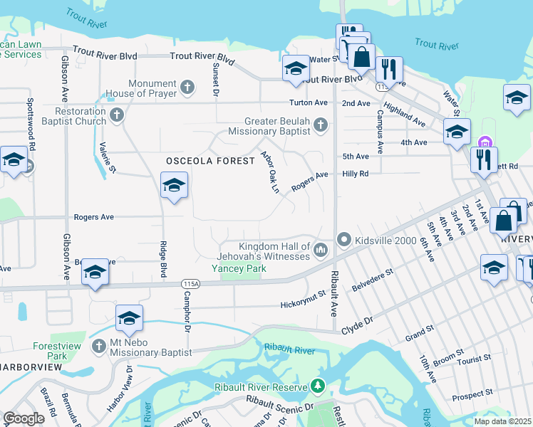 map of restaurants, bars, coffee shops, grocery stores, and more near 3151 Rogers Avenue in Jacksonville