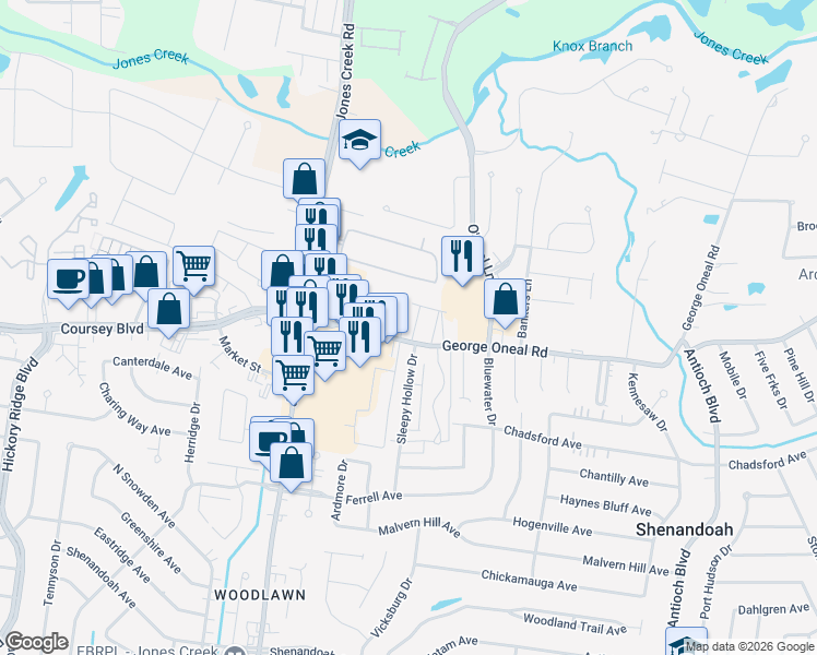 map of restaurants, bars, coffee shops, grocery stores, and more near 15550 George Oneal Road in Baton Rouge