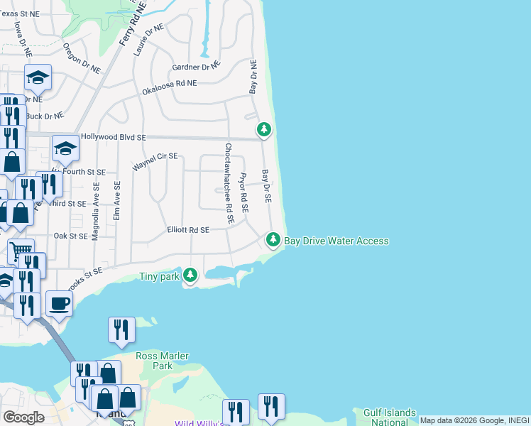 map of restaurants, bars, coffee shops, grocery stores, and more near 35 Pryor Road Southeast in Fort Walton Beach